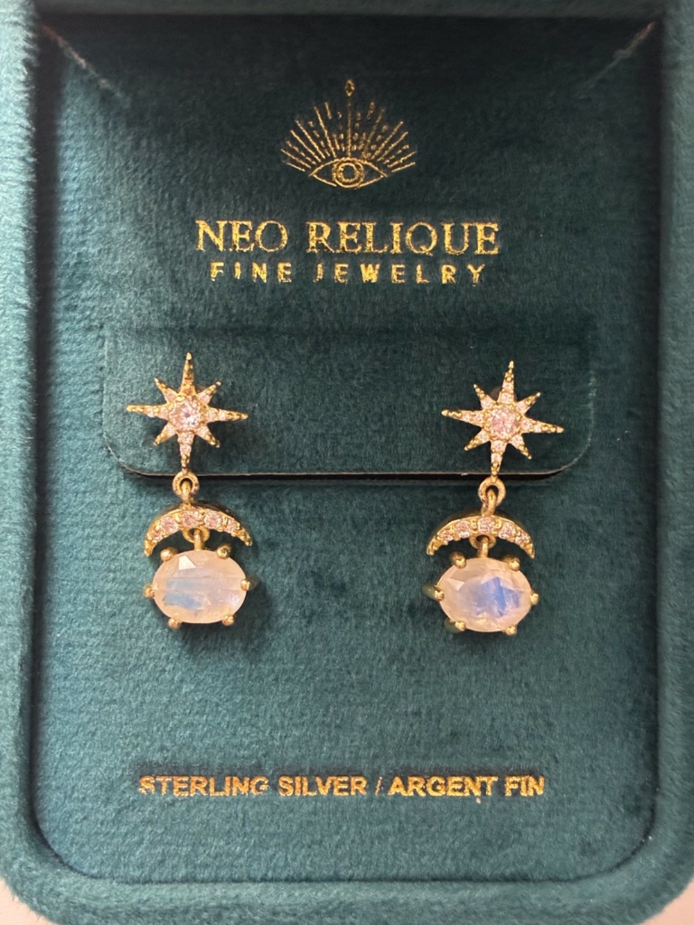 Neo Relique Crescent Moon & Starburst Drop  Earrings with Moonstone